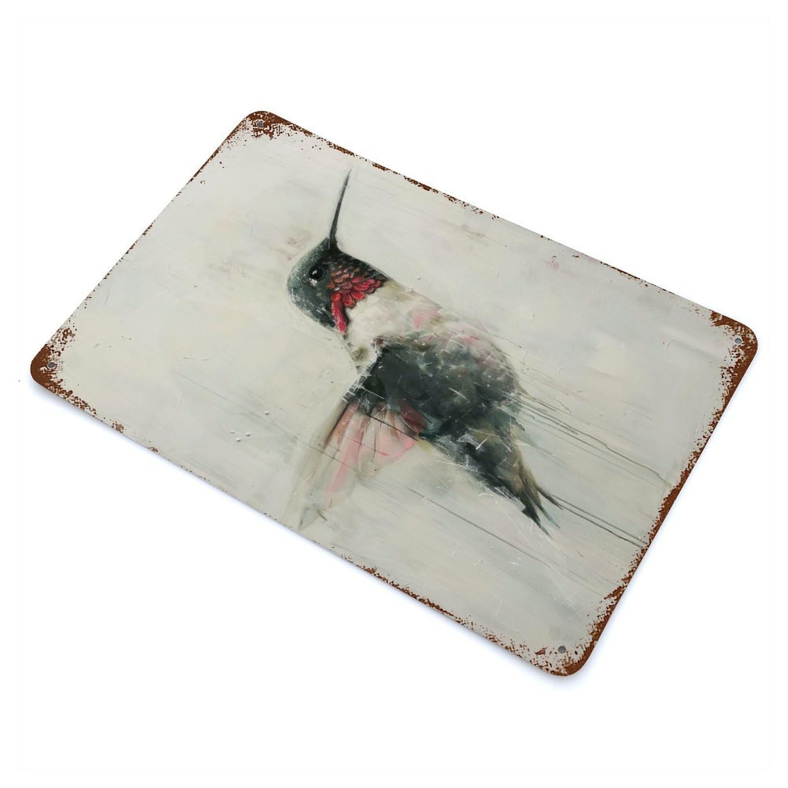 Distressed Metal Wall Sign Hummingbird Painting Art 11.8"x7.9", Vintage Wall Decor for Garage, Bar And Workshop Decor
