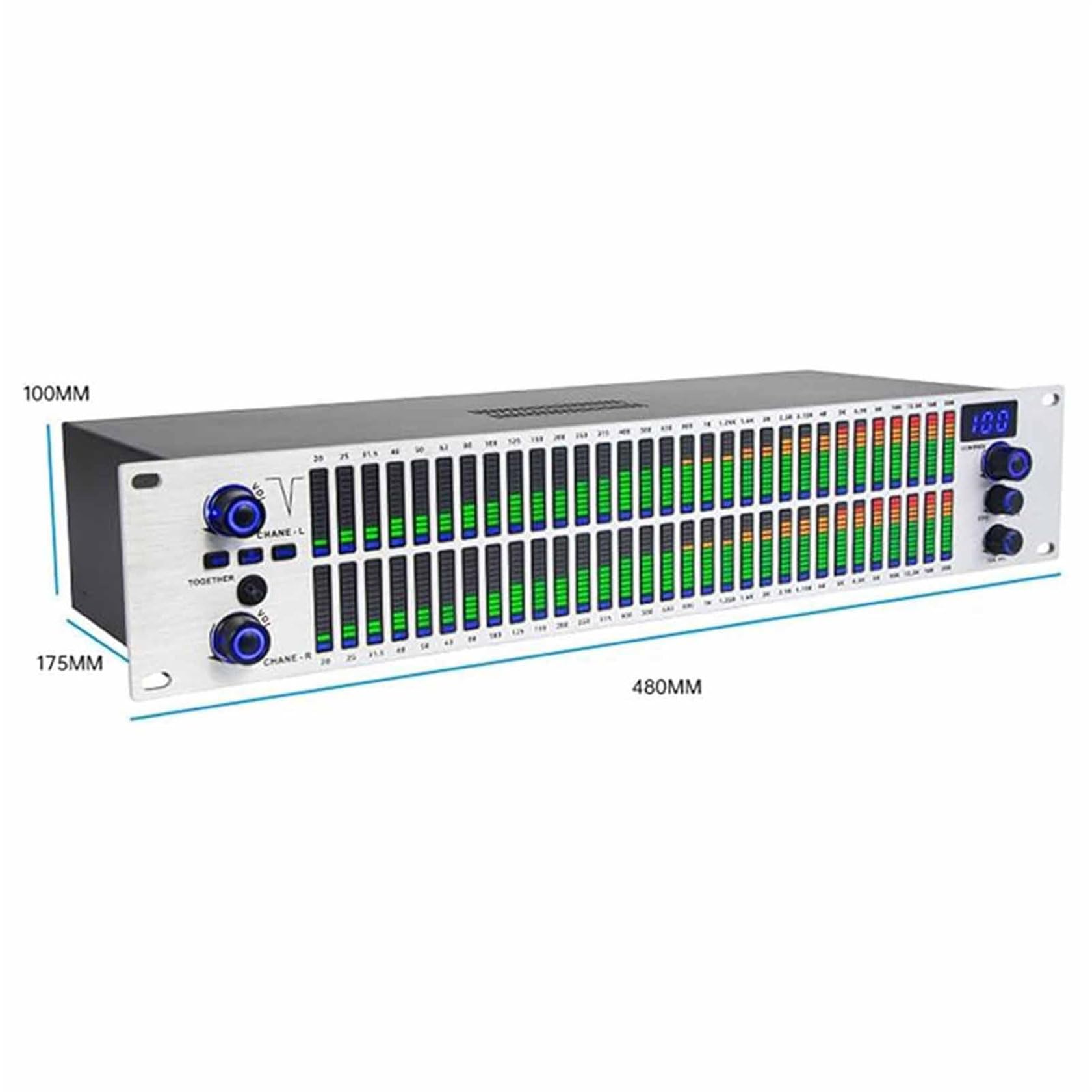 Ecualizador gráfico de 31 bandas con audio digital, pantalla de espectro LED, 10 efectos preestablecidos, reducción automática de ruido, chip de procesamiento DSP, procesadores de señal para estudio
