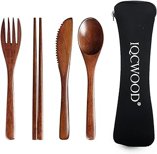 Portable Wooden Cutlery Set for Travel and Camping - 4 Piece Set With Reusable Wooden Spoon, Fork, Knife and Chopsticks