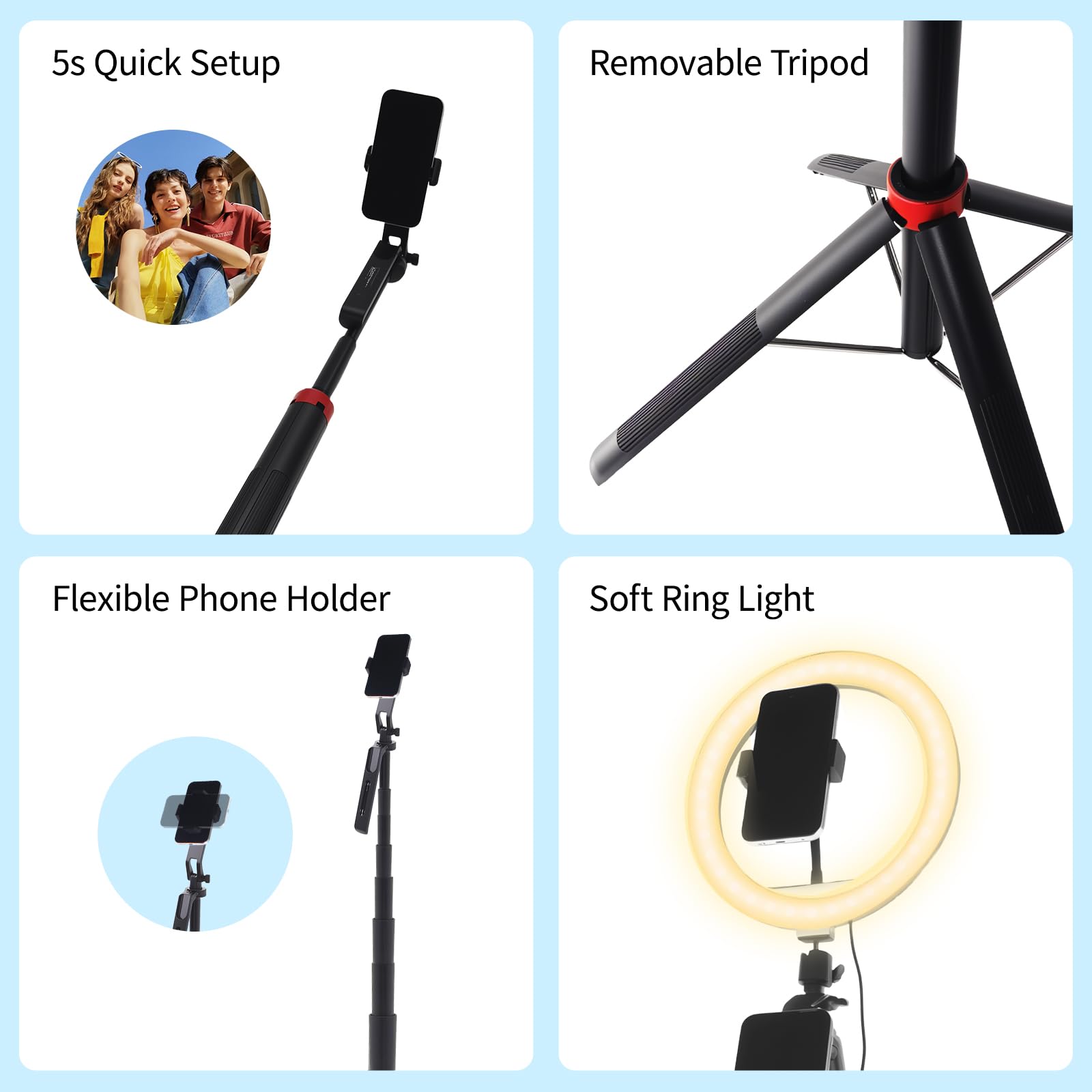 Handy-Stativ mit Ringlicht, 1,8m Aluminium Stativ mit 4-Fuß-Ständer, Bluetooth Fernbedienung, 360° drehbarer Halter, Tragbares Reisestativ für Selfie/Live-Stream/Video (Kompatibel mit Smartphones)