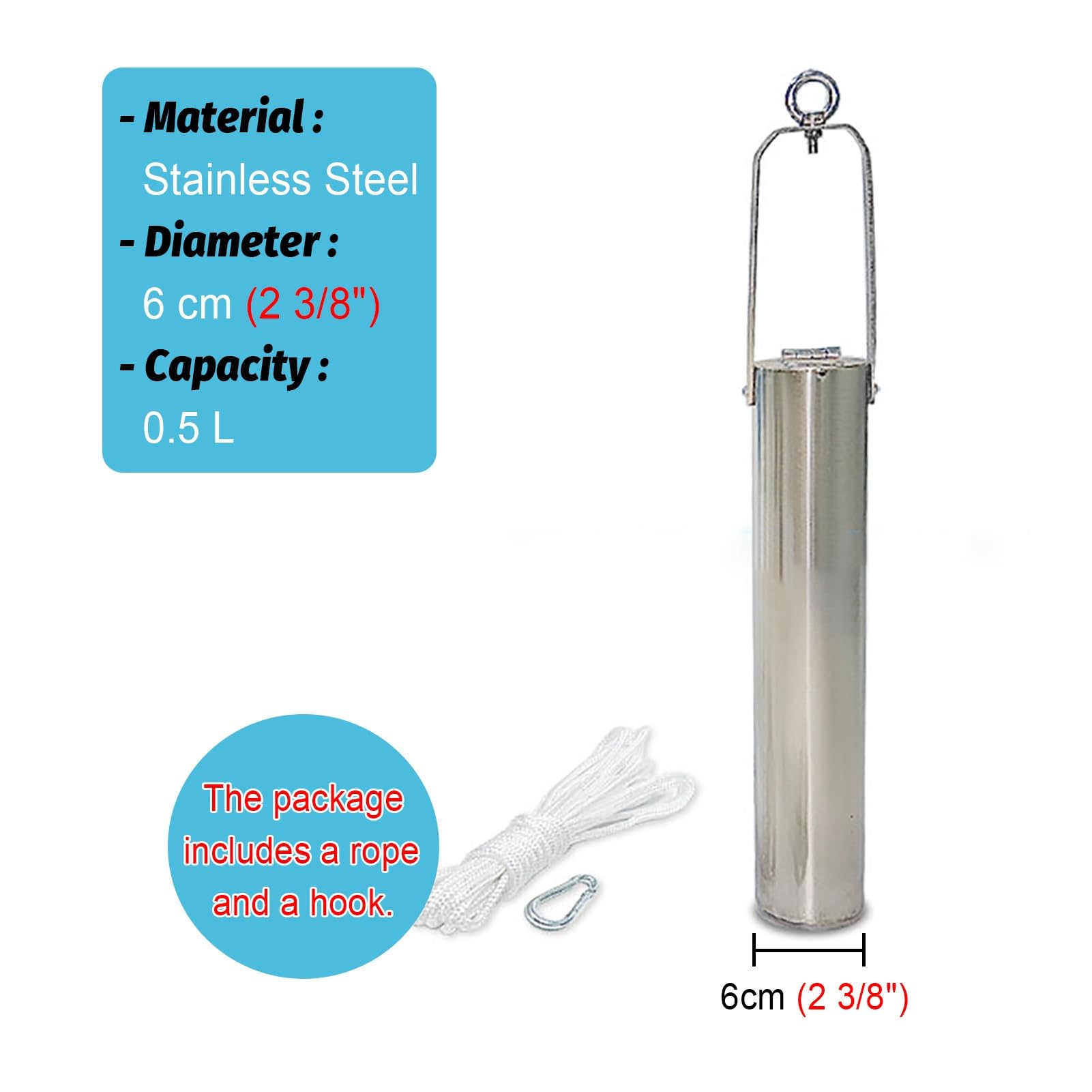 Campionatore d'acqua da 0,5 l/1 l, in acciaio inox, con corda e fibbia di sicurezza, per raccolta di acqua di fiume o lago