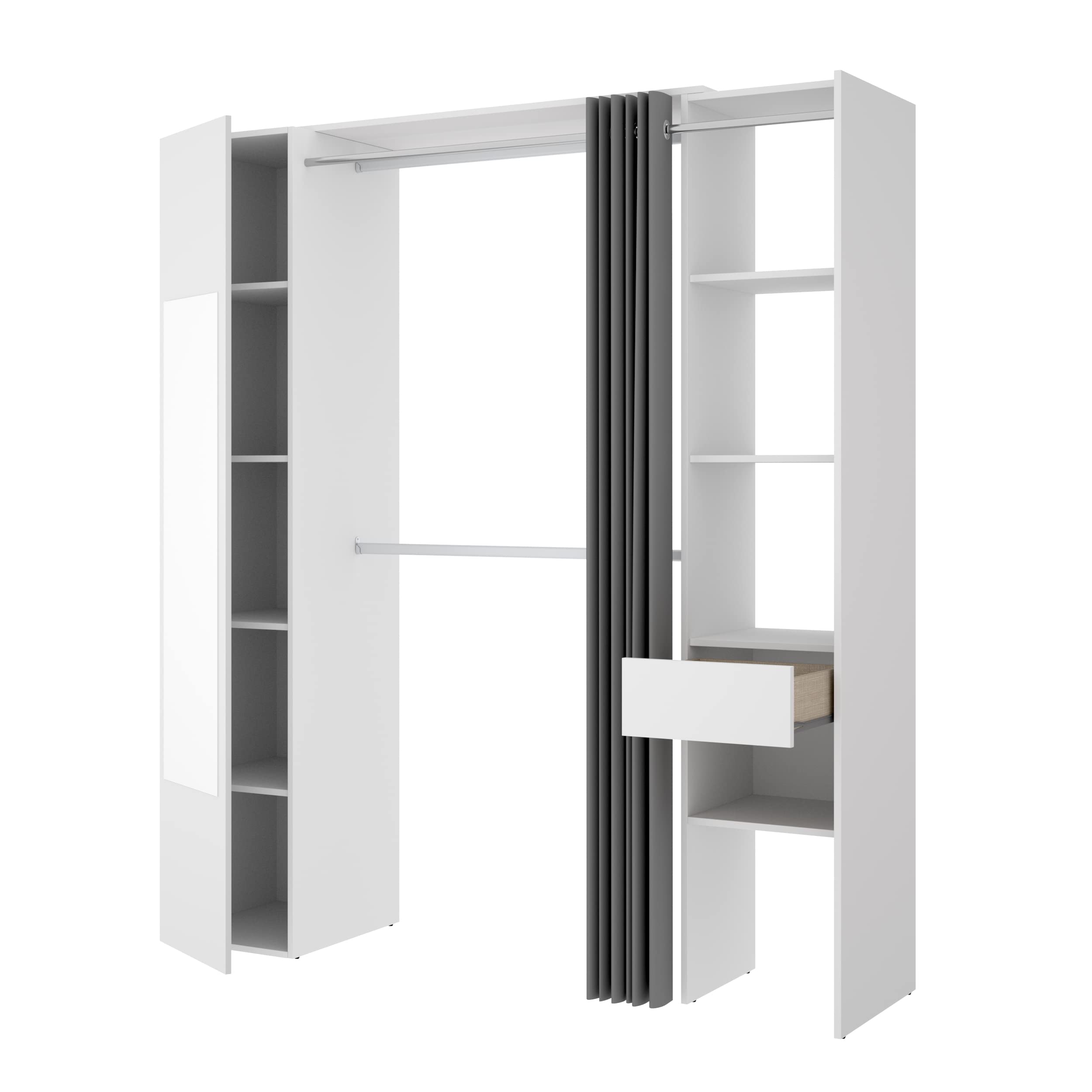 DEKIT Grupo RIMOBEL Suit - Armoire Dressing avec Miroir, tiroir et Rideau - Blanc - 205 x 176 x 50 cm