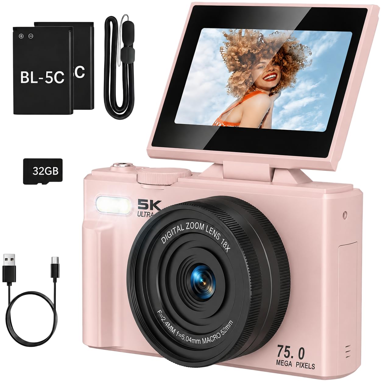 Optinexo 5K Digital Compact Camera Fotocamera Digitale Compatta 18X Zoom Schermo Ruotabile 180 Gradi Scheda 32GB Per Viaggi Vlog Foto Video (Rosa)