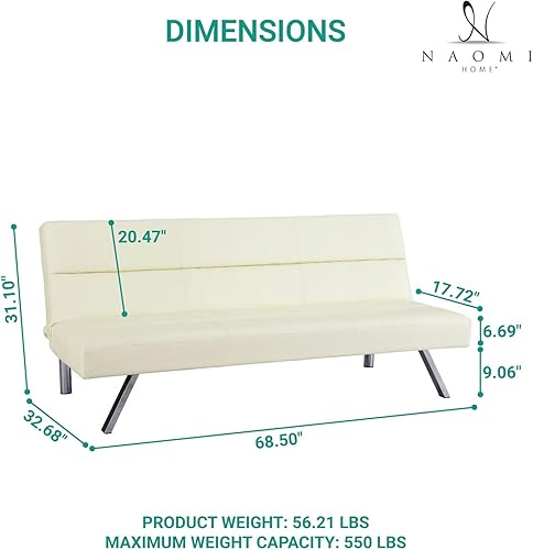 Miniatura 2 de Naomi Home Sofá cama futón de piel sintética, moderno sofá plegable convertible con patas cromadas, mini sofá reclinable, futón de cuero pequeño