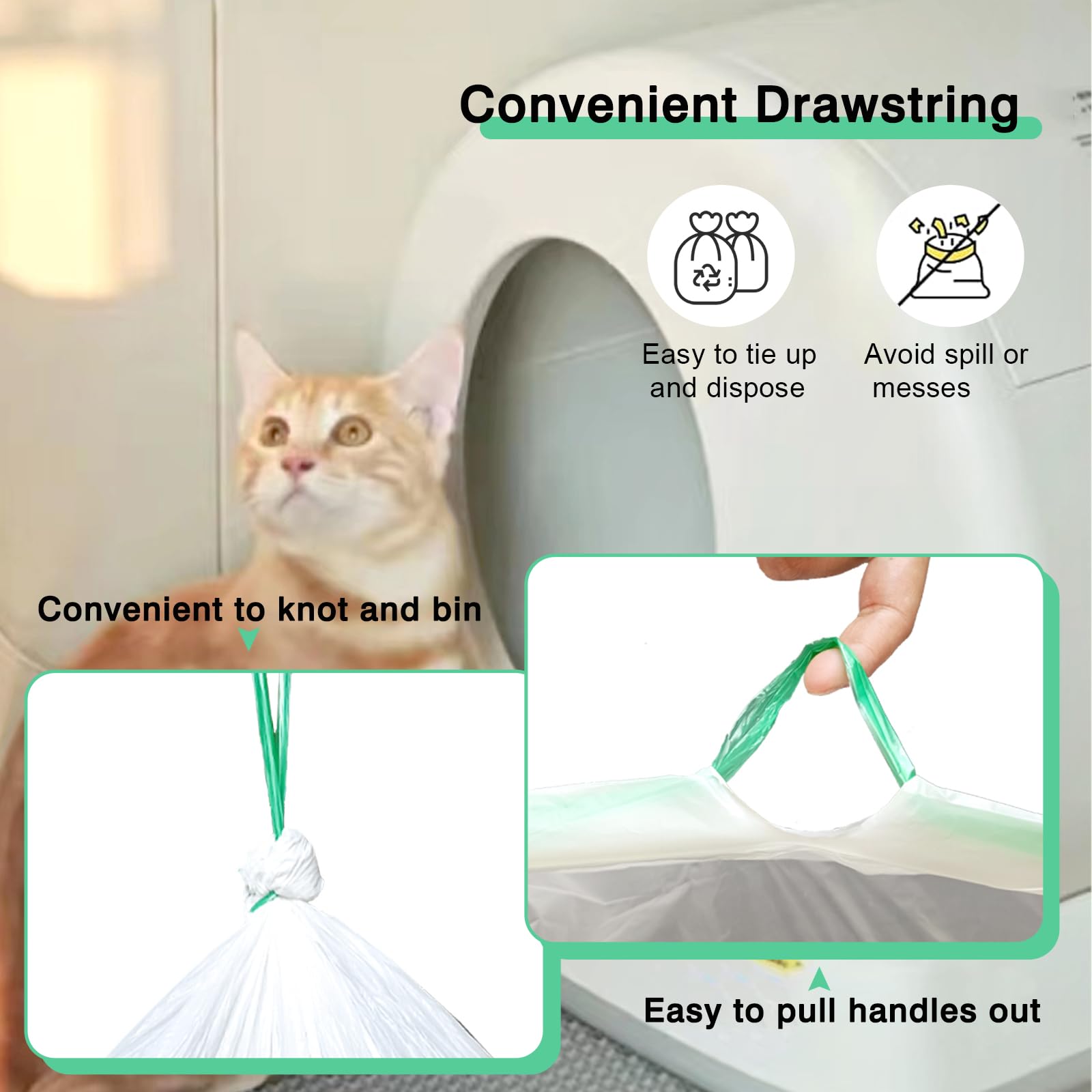Bolsas de arena para gatos para caja de arena autolimpiable, 100 unidades, forro de cajón de residuos de repuesto con cordón compatible con caja de arena automática para gatos, 18 x 12.6