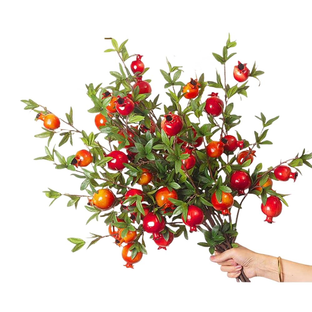 3Pcs Artificial Pomegranate Branches, Red Berry Stems Pomegranate,Fake Plant Stem Fake Fruit with Leaves Pomegranate Berries Branches Lifelike Props Vase Home Party Wedding Decoration (Style A)