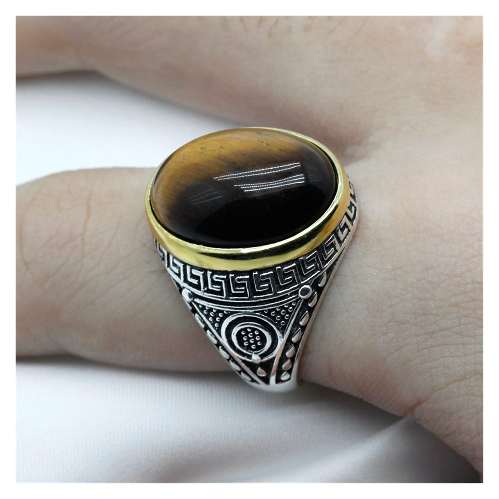 HMJGDHX Herrenringe, antiker Vintage-Ring mit natürlichem Tigerauge-Stein für Männer, großer ovaler Steinring aus 925er Silber für Männer, feiner Silberschmuck aus der Türkei