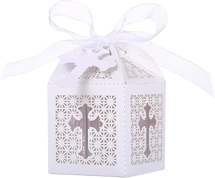 LEMESO 50 Pack Baptism Laser Cut Favor Boxes 2x2x3 Inch White Small Gift Boxes with Dotted Fold Lines Silk Ribbons and Cross Tags for Christening First Communion Wedding Baby Shower Bautizo