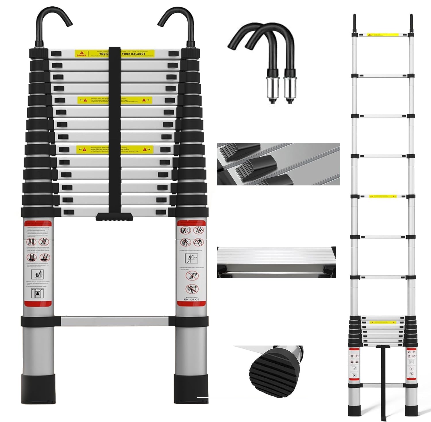 Telescopic Extendable 4.4 Metres Metal Ladder with 2 Hooks, Non-Slip Rubber Feet, Versatile and Foldable