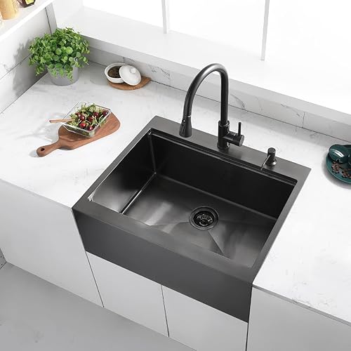 Miniatura 2 de Luckyhorse LH009S - Fregadero de cocina con delantal negro de 30 pulgadas, calibre 16, acero inoxidable mate profundo, montaje superior, estación de