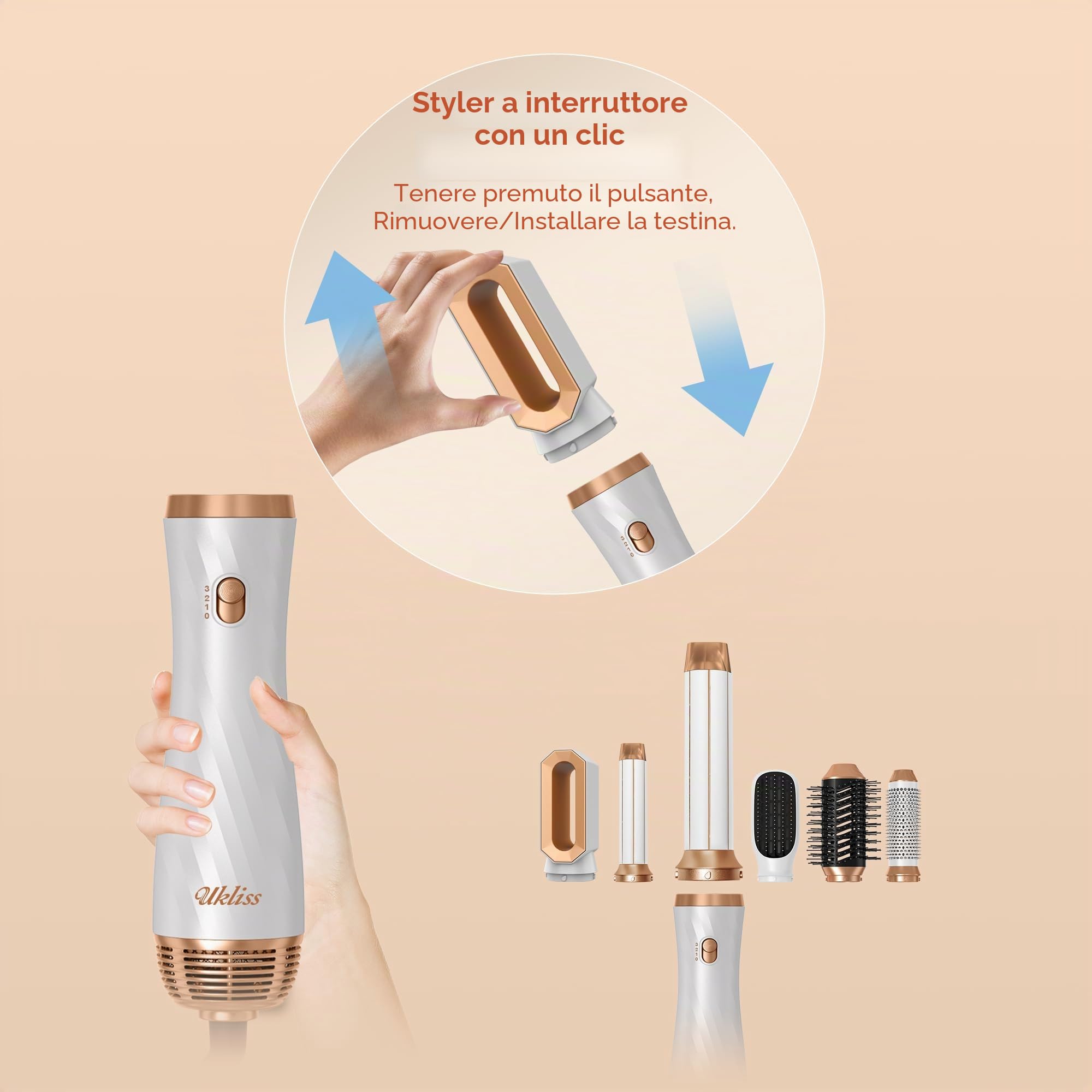 UKLISS Airstyler 6 in 1, Spazzola Asciugacapelli Professionale Set con Arricciacapelli Automatico, Spazzola Lisciante per Capelli, Thermal Brush, Multistyler Regali Set per Donne Styling - Bianco