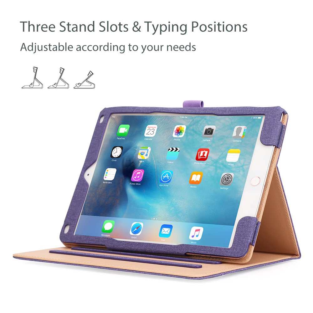 ProCase Skórzane etui z uchwytem na rysik do iPad 9,7 cala 2018/2017 (6. 5. generacji), iPad Air 2, iPad Air, etui ochronne ze skóry PU, z klapką z wieloma stojakami do iPad 9,7 cala, fioletowe