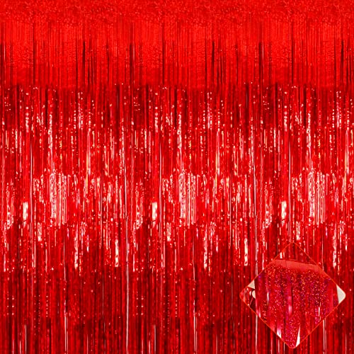 Image of 4 Pack 3.2Ft x 8.2Ft Red Foil Fringe Curtain Backdrop, Metallic Tinsel Foil Fringe Streamers Curtains Background for Photo Booth, Birthday, Wedding, Disco, Bachelorette, Christmas Party Decoration