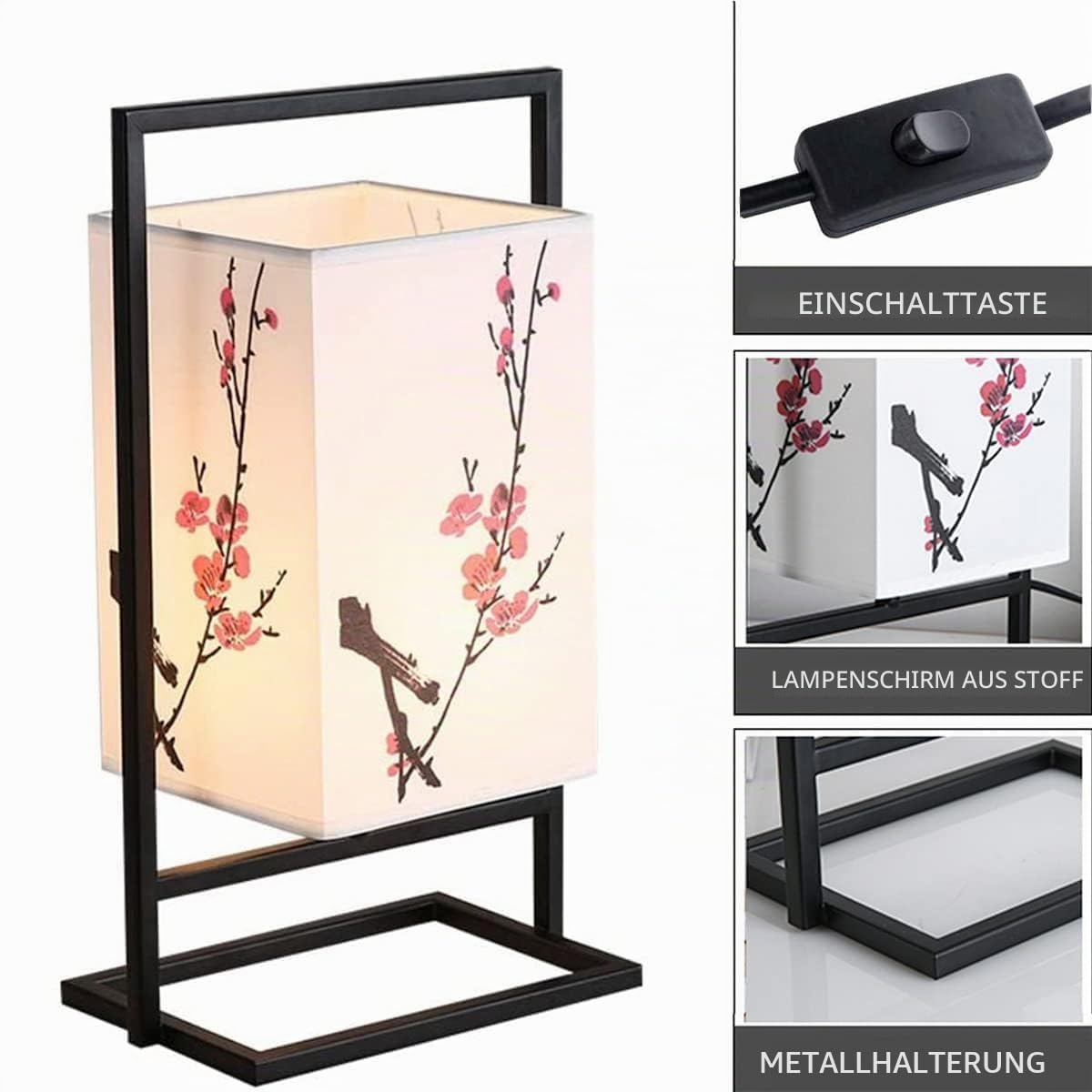 Japanische Schlafzimmer-Nachttischlampe, industrielle Schreibtischlampe mit schwarzem Metallrahmen, quadratische Stoffschirm-Tischlampe, für Schlafzimmer (Ein-/Aus-Taste, Pflaumenblüte)