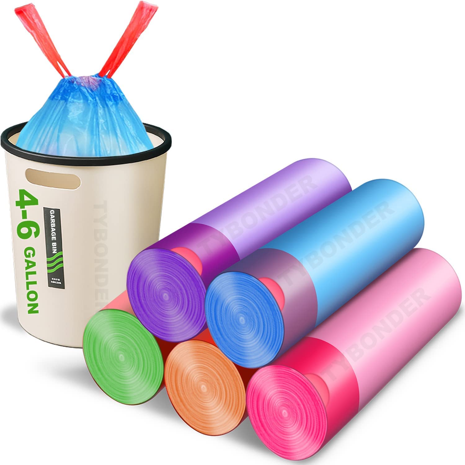 5 Rolls Drawstring Garbage Bags, 4 Gallon Extra Strong Small Trash Bags for Kitchen Trash Can, Unscented Wastebasket Liners Bags for Kitchen,Bathroom,Office,Home Trash Can, 75 Pieces