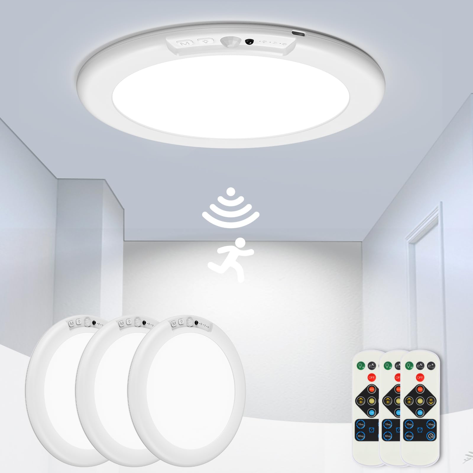 ORYAR 6500mAh Rechargeable Motion Sensor Ceiling Light 3-Pack