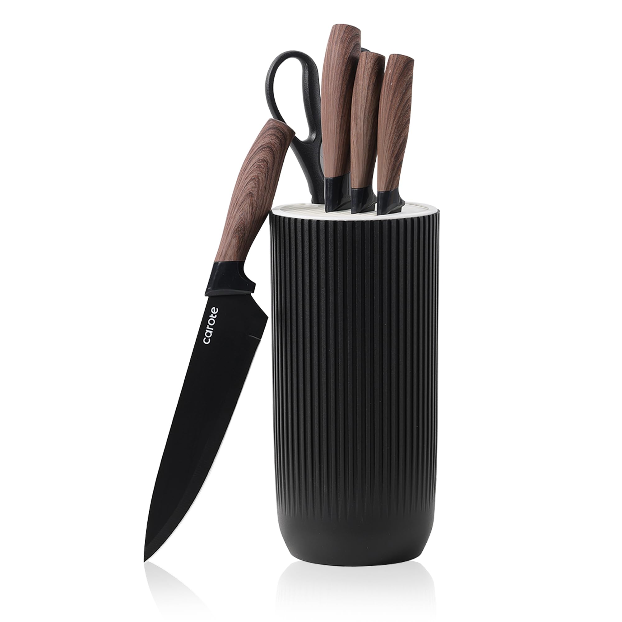 CAROTE6Pcs Knife Set with Block, High Carbon Stainless Steel Sharp Blade Block Knife Set, Cutlery with Ceramic Surface, Black