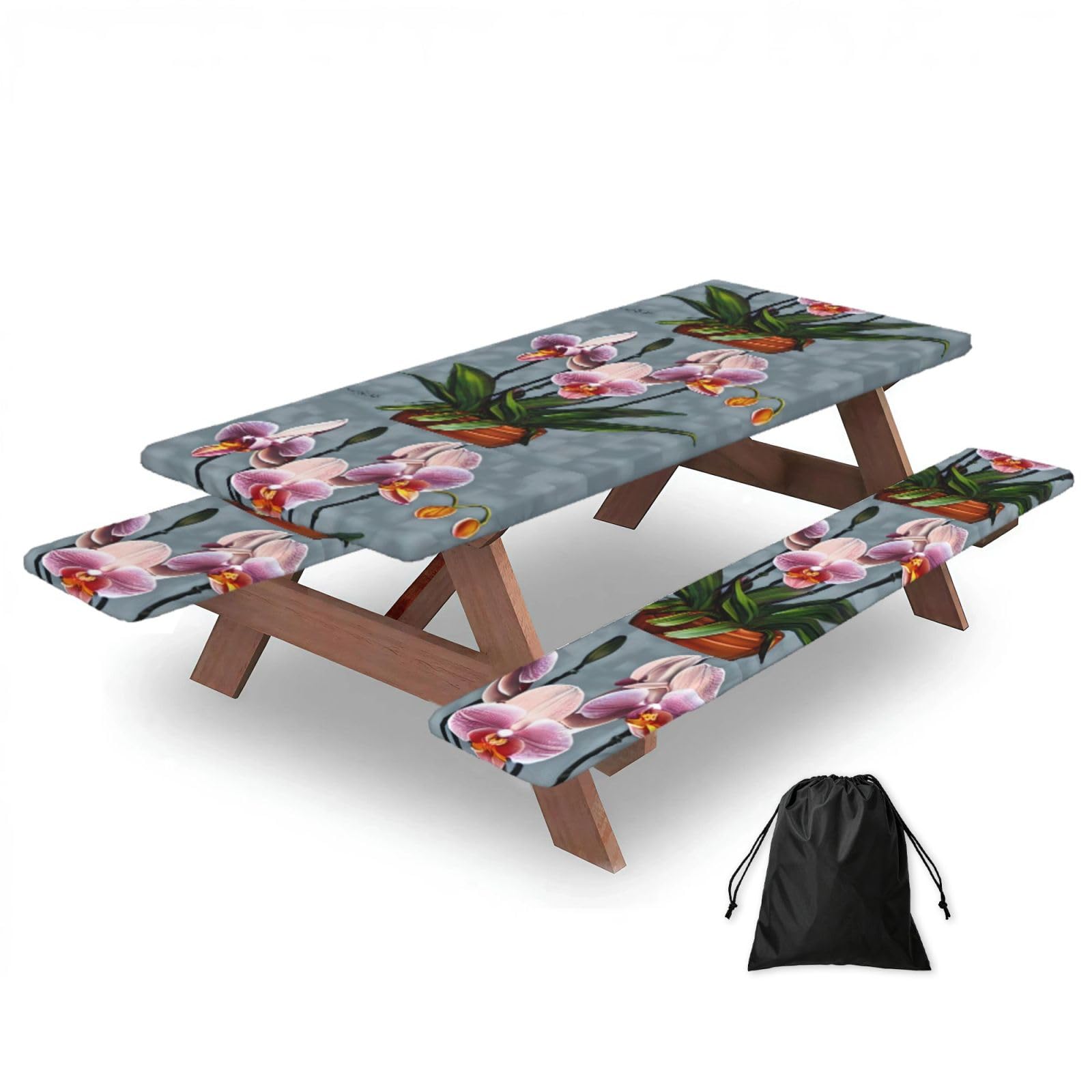 Erwqavc Black Blooming Orchids Print Picnic Table Cover & Bench Covers 3-Pack Set, Elastic Tablecloths For 6 Ft Rectangle Tables