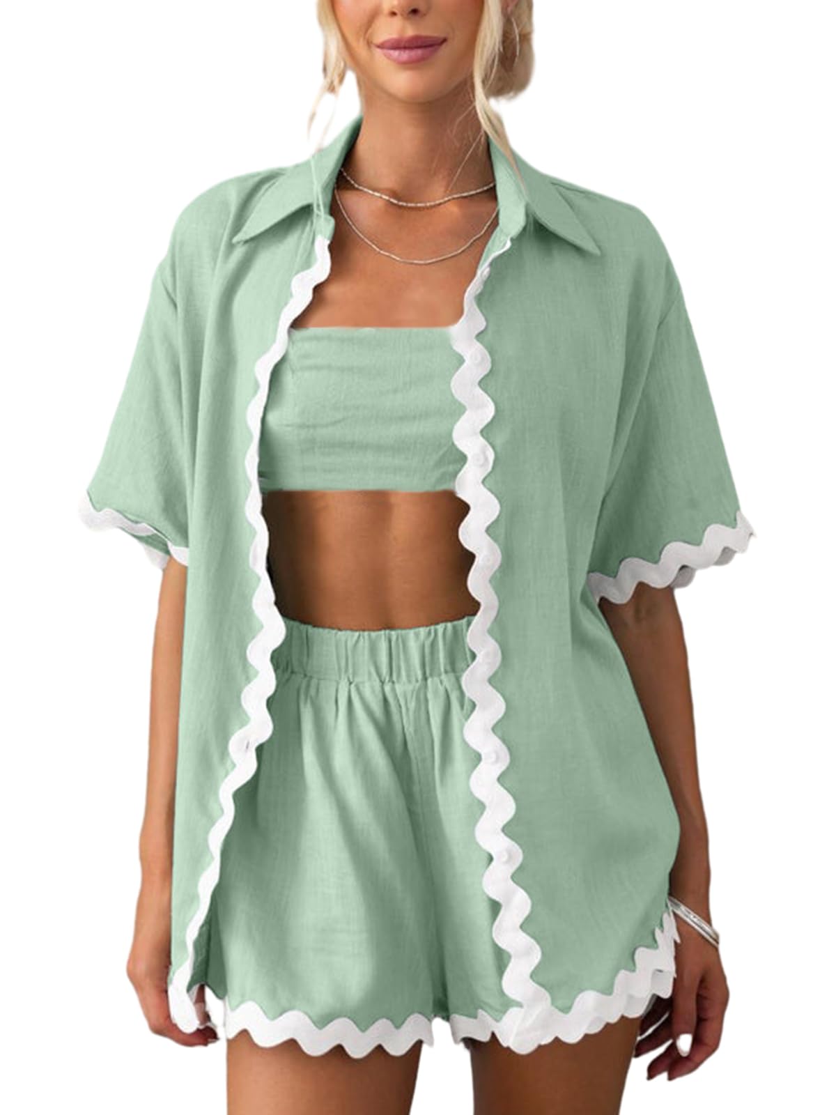 WOWULOVELY Women's 2024 Summer 2 Piece Vacation Outfits Casual Short Sleeve Shirt High Waist Shorts Set Tracksuit