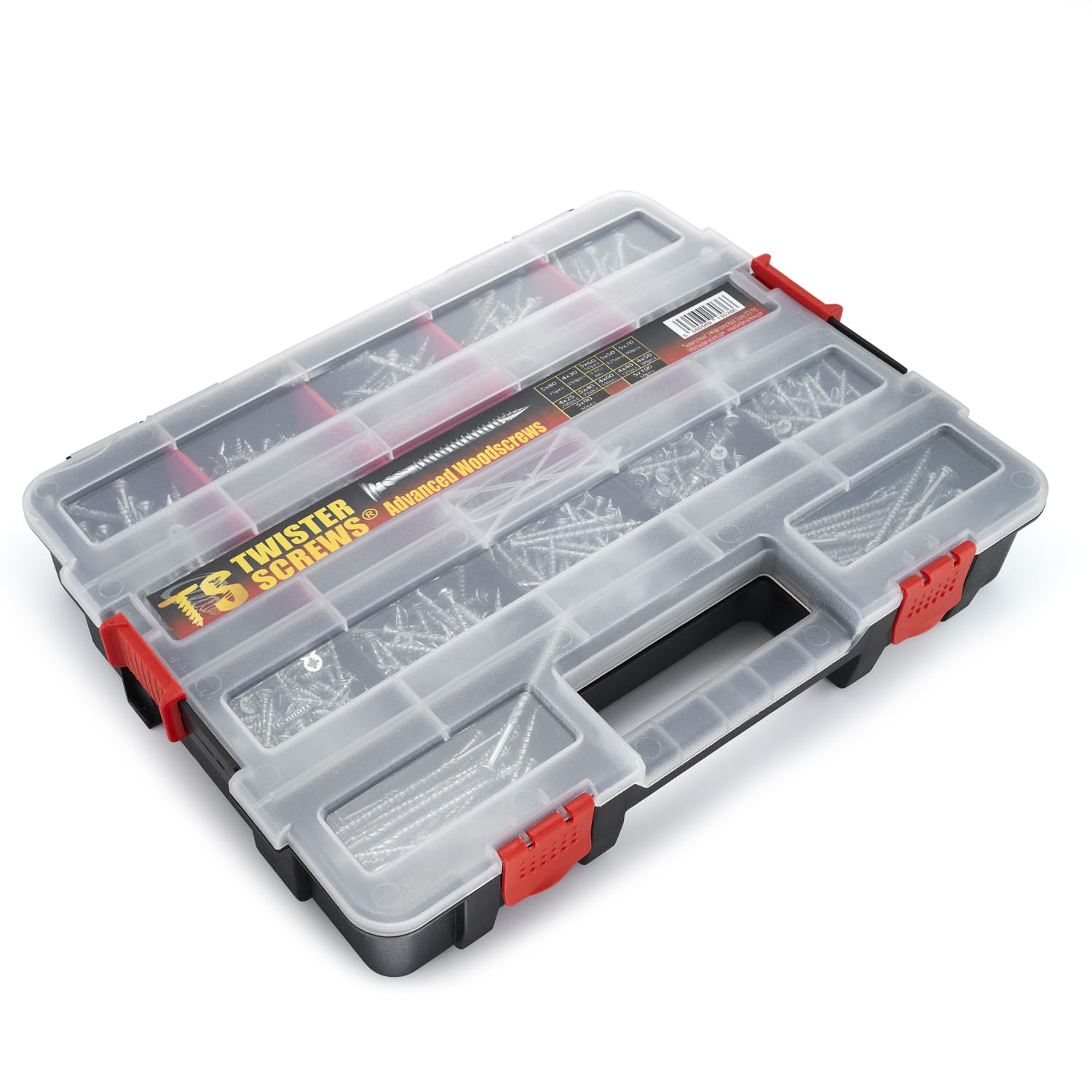 MultiBox – 1280 Stück Holzschrauben in 12 Größen, selbstbohrendes Gewinde, wird in stabiler 4-Wege-Verriegelungsbox aus Kunststoff + 5 x Pozi 2 Bits – DIY-Werkzeugkasten