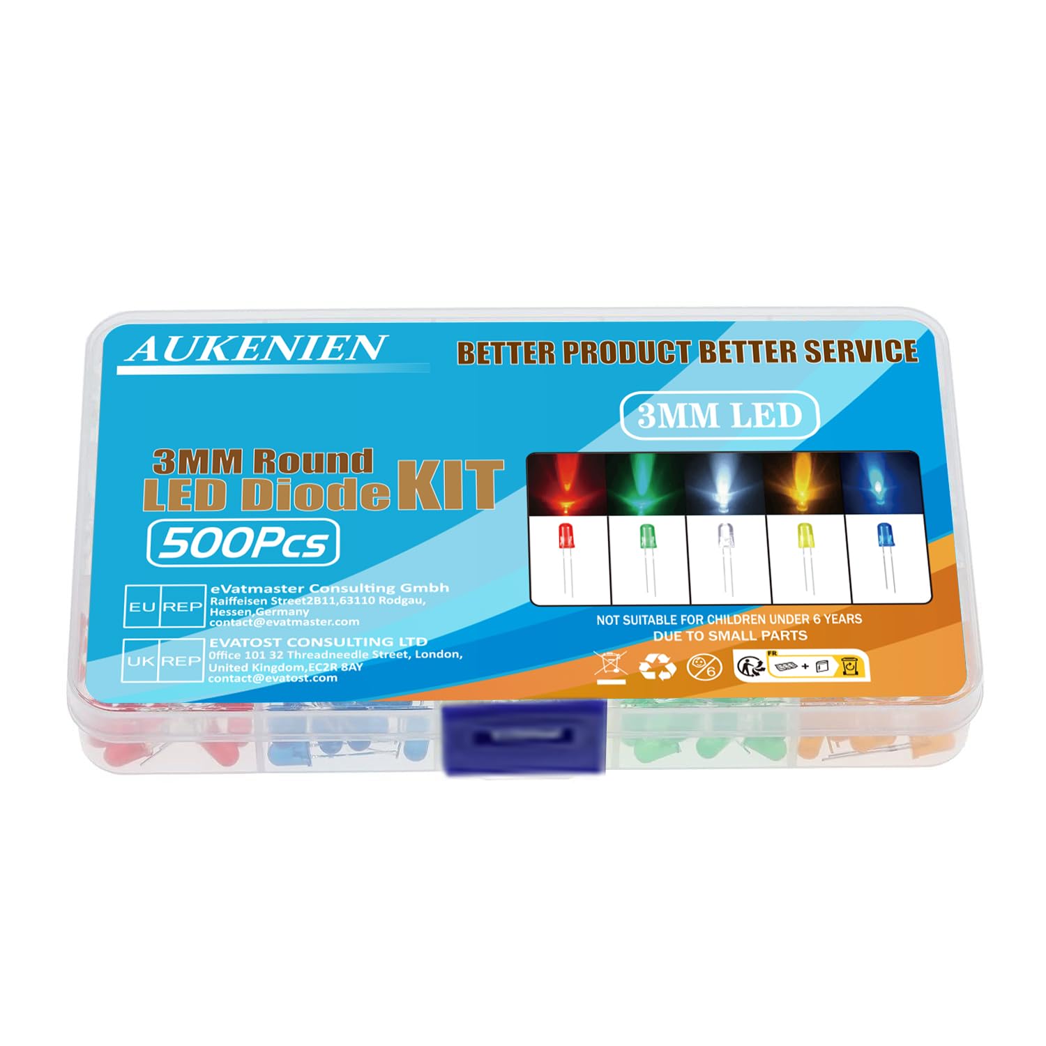AUKENIEN 500 Pezzi LED Diodo 3MM Kit Rotonda 2 pin LED Diodi Alta Luminosità a Diffusione Luminosa Set 5 colori Bianco Rosso Giallo Verde Blu (5 Colori x 100pz)