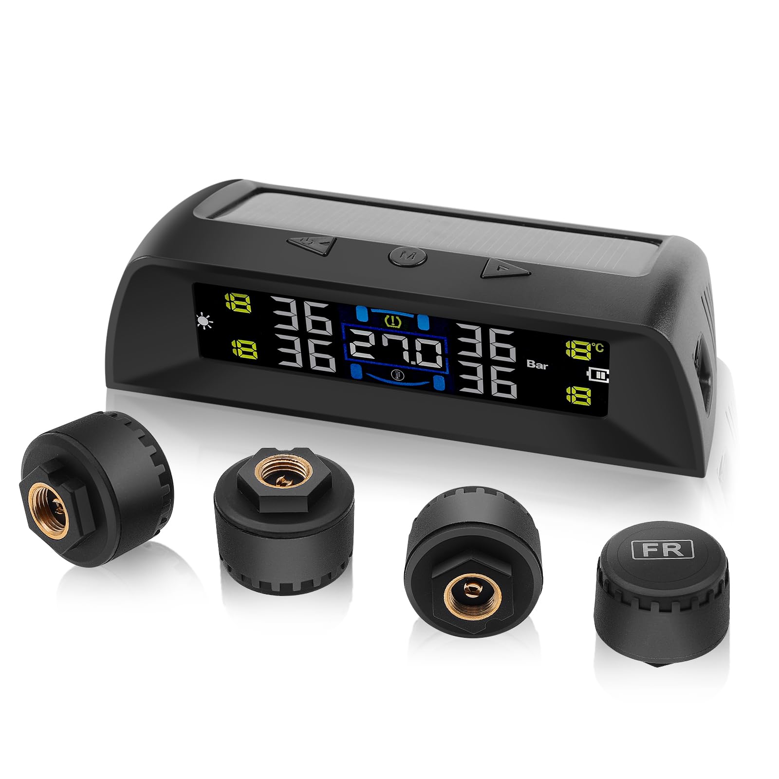 KAOLALI TPMS Reifendruckkontrollsystem, Innenraumtemperaturanzeige, Solarladung und USB-Ladefunktion, mit Farbiger LCD-Anzeige und 4 Externen Reifendrucksensor für Van RV LKW SUV(0-72 PSI)