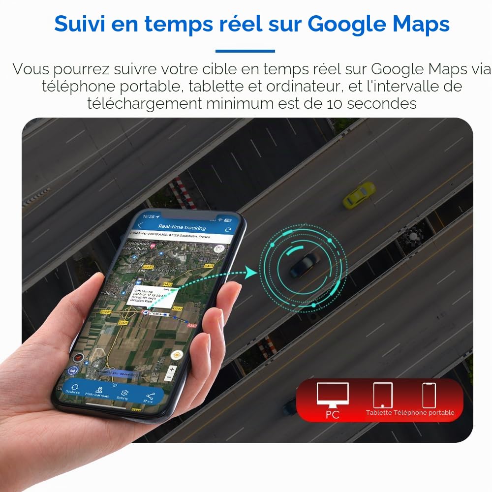 Micro Traceur GPS Tracker pour Voiture Moto Velo,Mouchard GPS 1500 mAh Positionnement Enfant Toutes 10s Alarme Aimant Puissant Localisateur Suivi Global Temps Réel