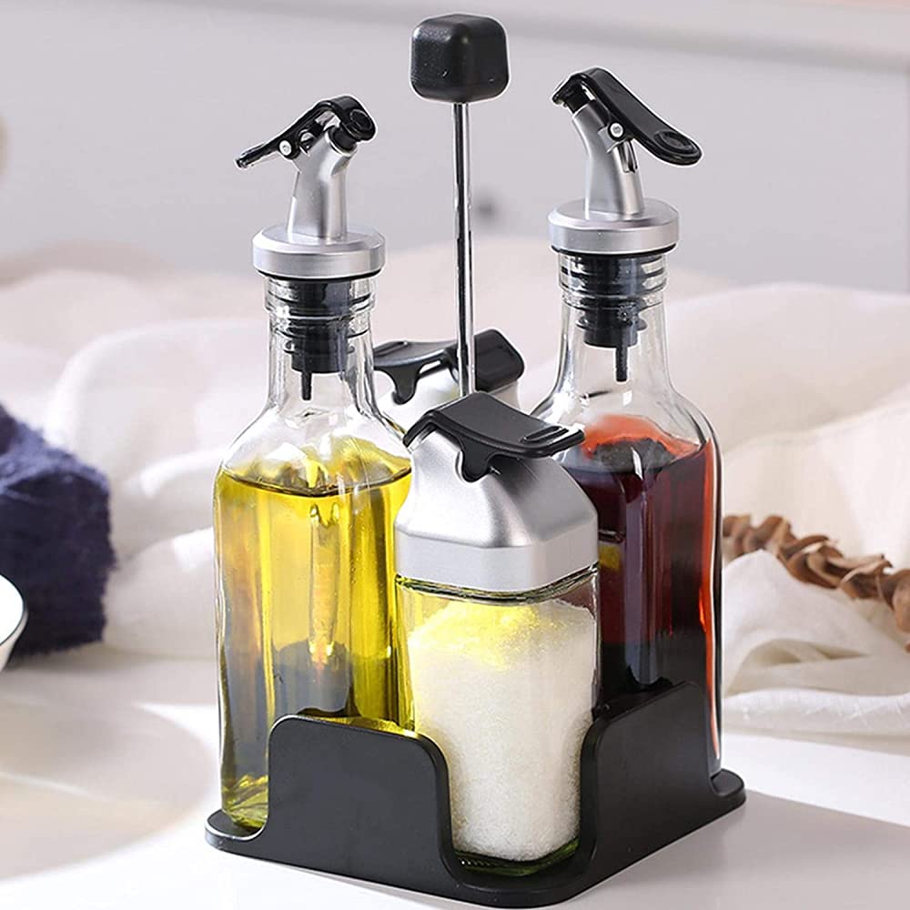 Gewürzspender-Set aus Glas und Edelstahl, auslaufsicheres Design für Essig, Öl, Salz und Pfeffer – perfekt für Küche und Esszimmer