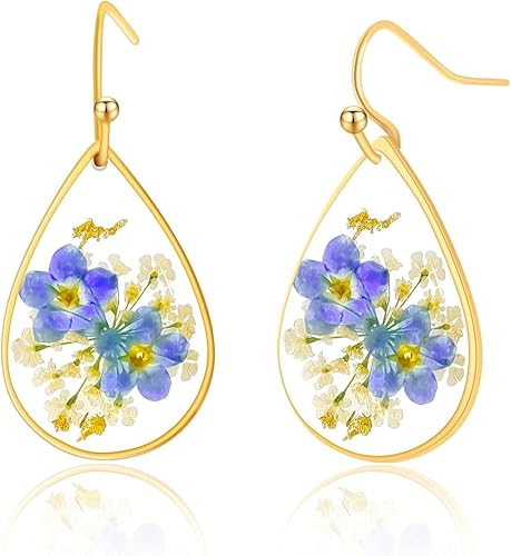 Pressed Flower Earrings,Handmade Pressed Forget-me-not Flower Earrings for Women,Unique Resin Drop Dangle Plant Earrings Dry Flowers,perfect for