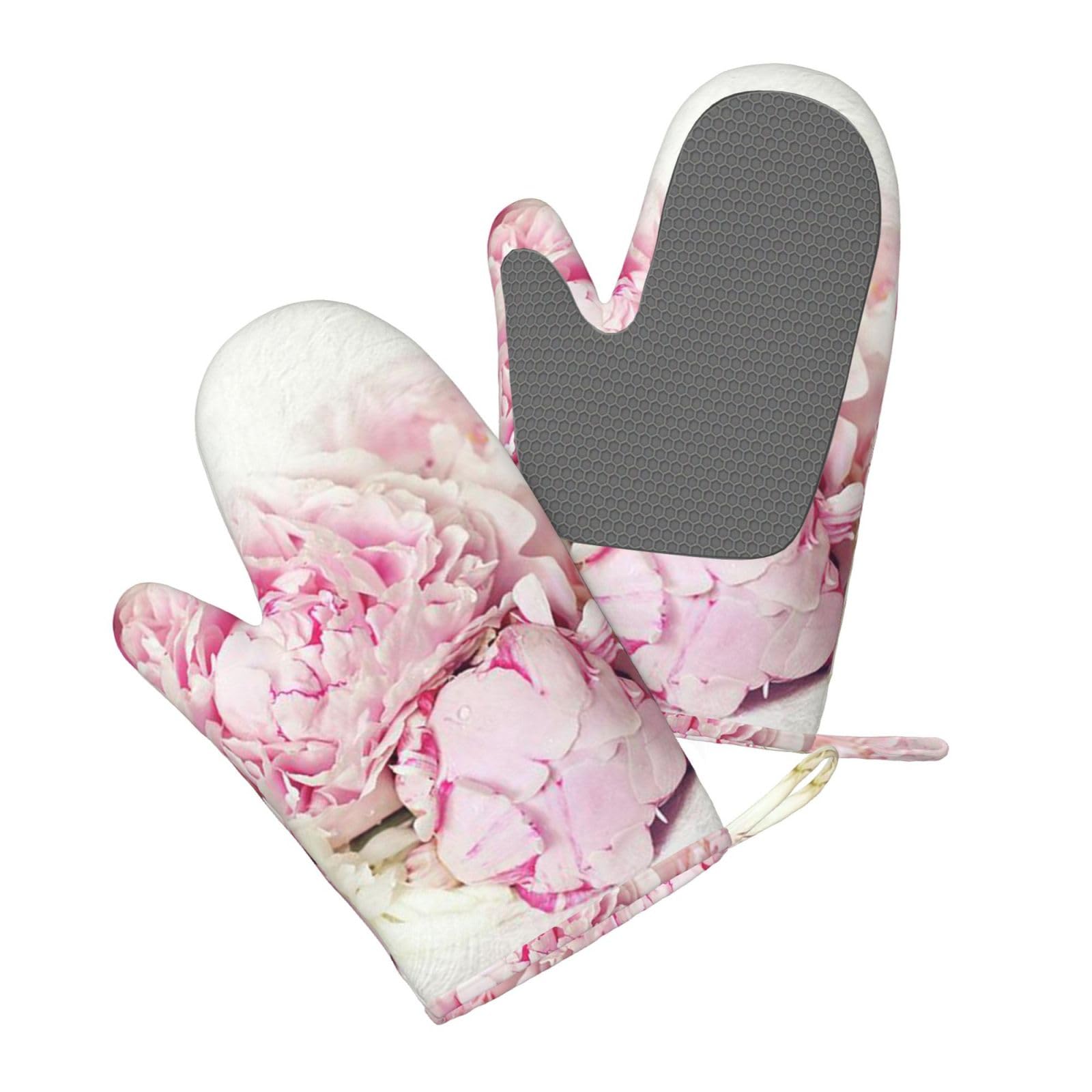 Pivoines sur Fond Blanc,Gants de Cuisine et maniques (Lot de 4), antidérapants Gants de Four résistants à la Chaleur