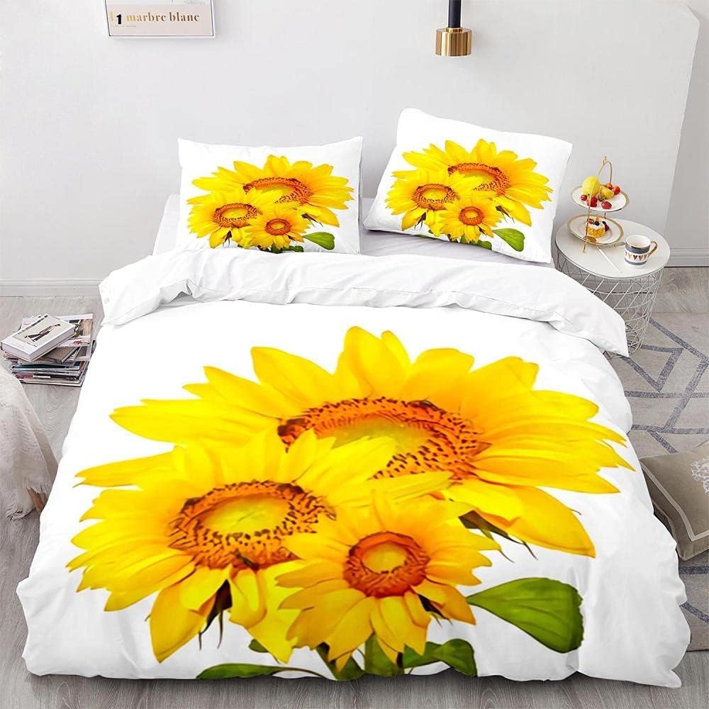 Sunflower Single Duvet Cover Set, Soft Reversible Quilt Cover with Floral Pattern, Single Bedding Sets Microfibre with Zipper Closure, Washable Comforter Cover and Pillowcase, 135x200 cm, CGD34