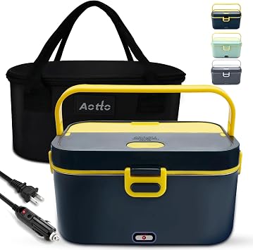 Aotto Electric-Lunch-Box-Portable-Food-Warmer 90W Heated Lunch Box for Adults 2L Stainless Steel Fast Heating Food Heater for Car, Truck, Work, Travel,12/24/110V Lonchera Electrica Portatil, Blue