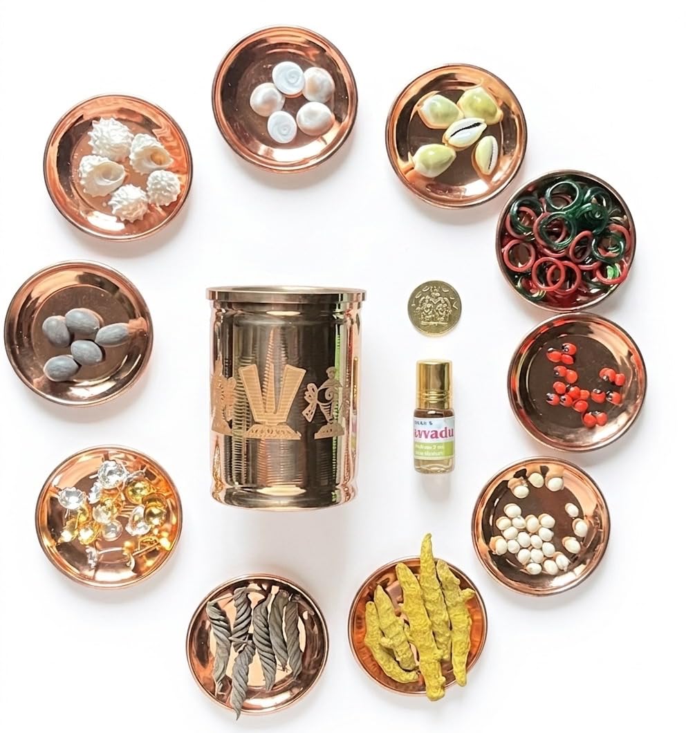 JaiRaj Collections Complete Vara Laxmi Pooja Kit, 11 Items with 5 Pieces Each, Kubera Kuncham Glass 8.89 cm, Laxmi Kubera Coin, Javadu Attar, for Festival and Vratham-image-37