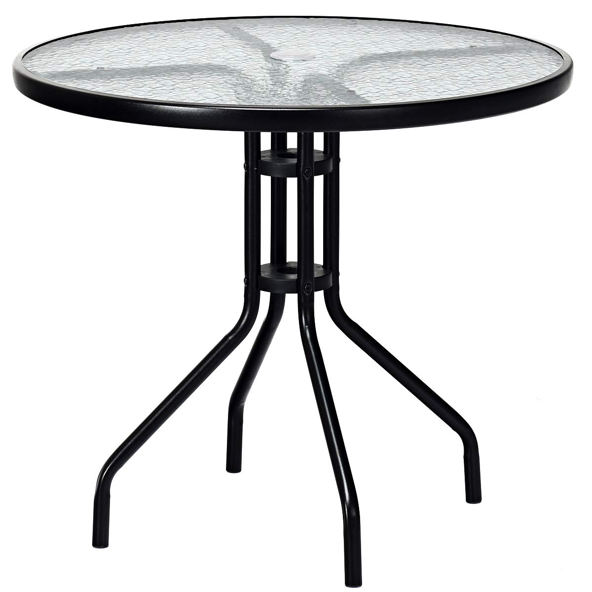 KOMFOTTEU Mesa redonda para balcón, mesa de jardín con orificio para sombrilla, mesa de bistró con placa de cristal y marco de metal, mesa auxiliar de 70 x 70 x 71 cm para patio, terraza