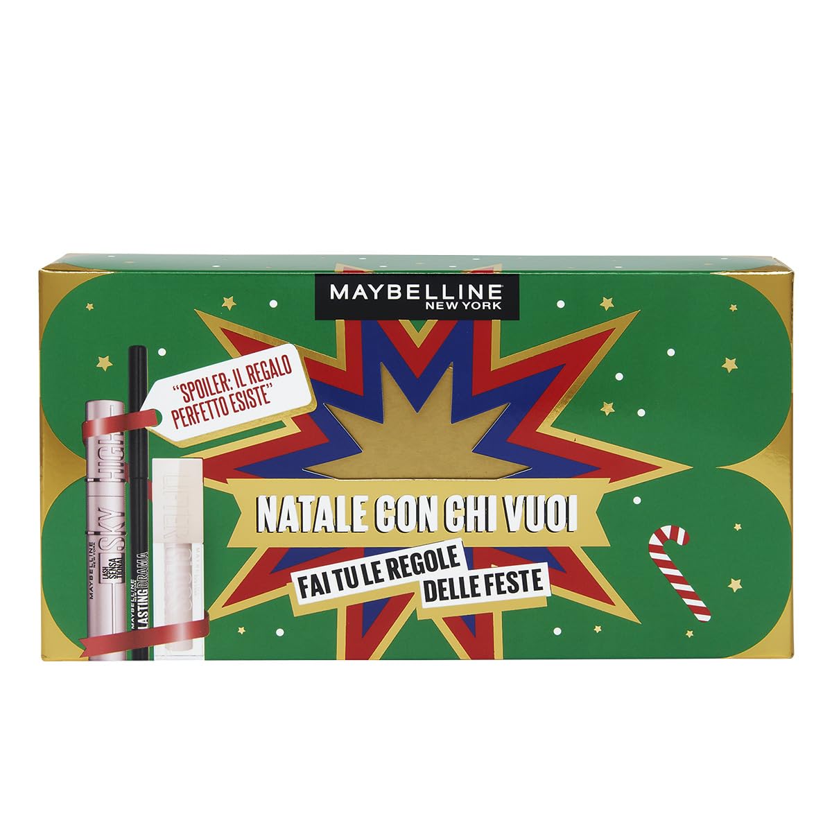 Maybelline New York Cofanetto Regalo, Con Mascara, Matita Occhi e Gloss, Collezione Natale con Chi Vuoi 2024, Mascara Sky High, Matita Occhi Lasting Drama, Lucidalabbra Lifter Gloss
