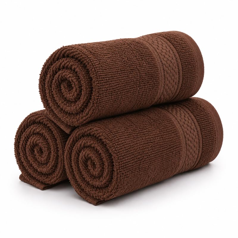 Image of TowelWala Premium Hand Towels - Soft & Absorbent 550 GSM Cotton Towel for Bathroom, Kitchen, Gym, Travel| Pack of 2, 3, 4 & 7 | Quick Drying with Woven Border | TW HT BWN BWN BWN
