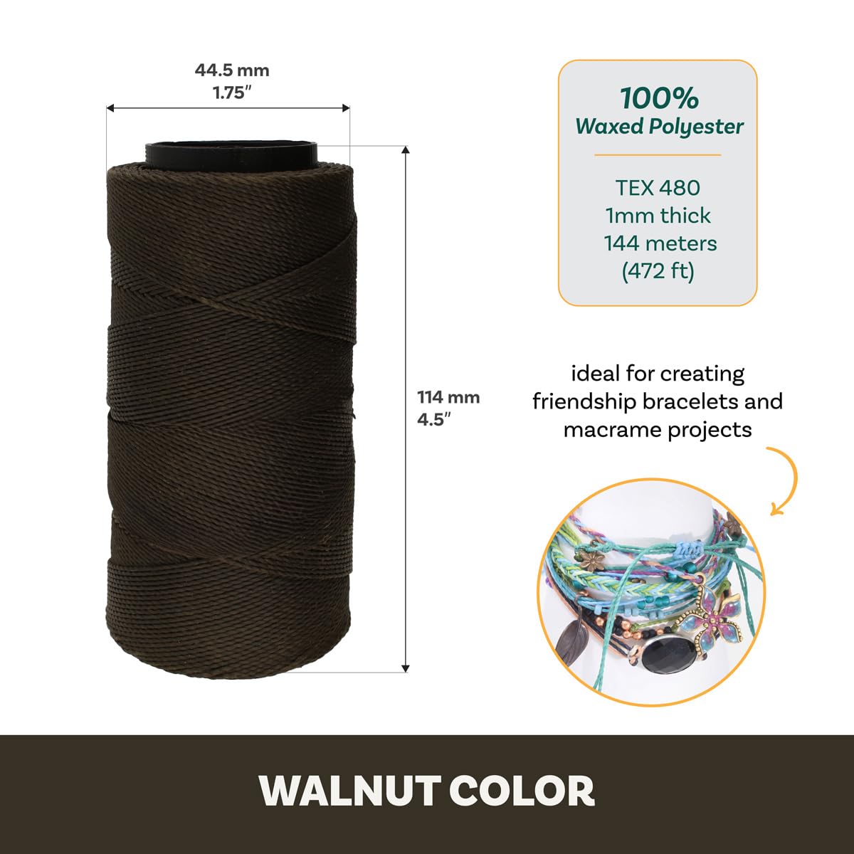 The Beadsmith Knot It Waxed Polyester Cord, Walnut Color, 0.7mm Diameter, Light Wax, 144 Meters (472 Feet) Per Spool - Image 4