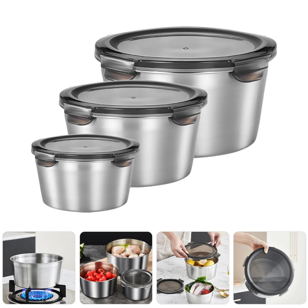 jojofuny Recipientes de Acero Inoxidable con Tapa, 3 Piezas 600-2200 Ml | Plata, 304 Acero y Pp, para Café y Té Floral, Fácil de Limpiar, sin Rebabas, Uso Prolongado