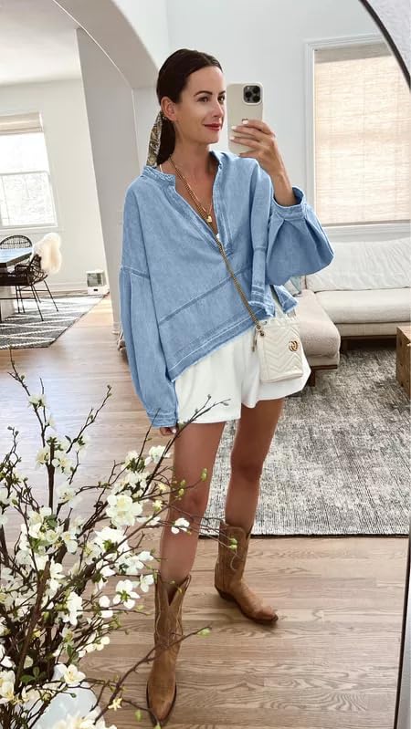 PLNOTME Womens Denim Tops Pullover Trendy Casual V Neck Loose Fit Puff Sleeve Jean Cotton Shirts - Image 3