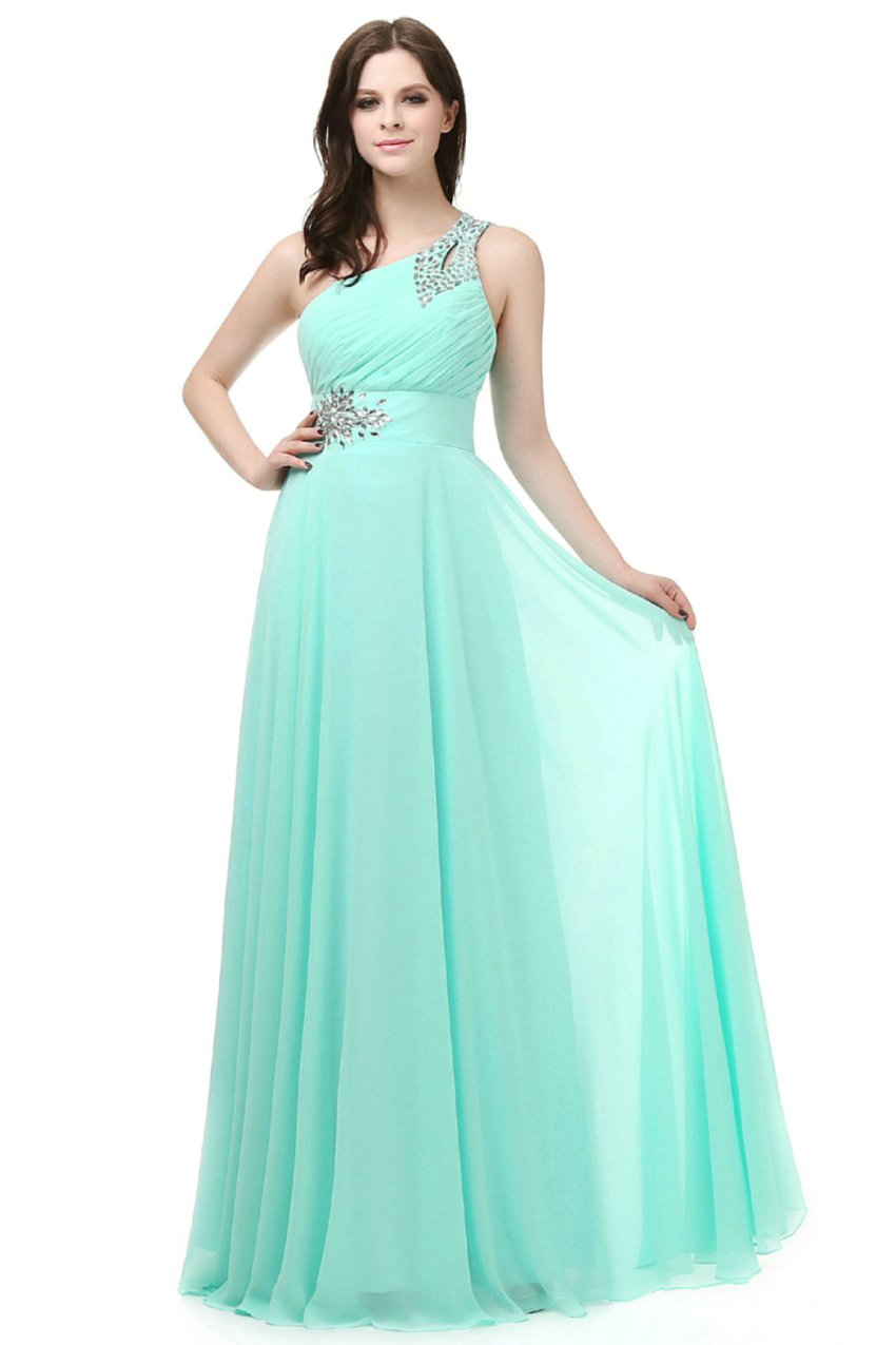Vestido formal de noche para mujer, con un hombro, de gasa, para bailes, damas de honor, verde jade, 40