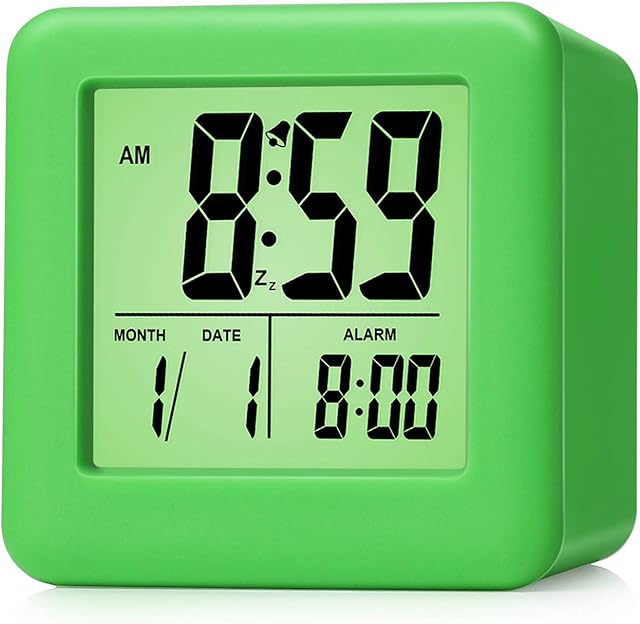 Plumeet Digital Alarm Clock Kids Alarm Clock with Snooze and Nightlight - Easy Setting Silicone Clock Display Time, Date - Loud Alarm Clock for Bedroom - Battery Powered (Green)