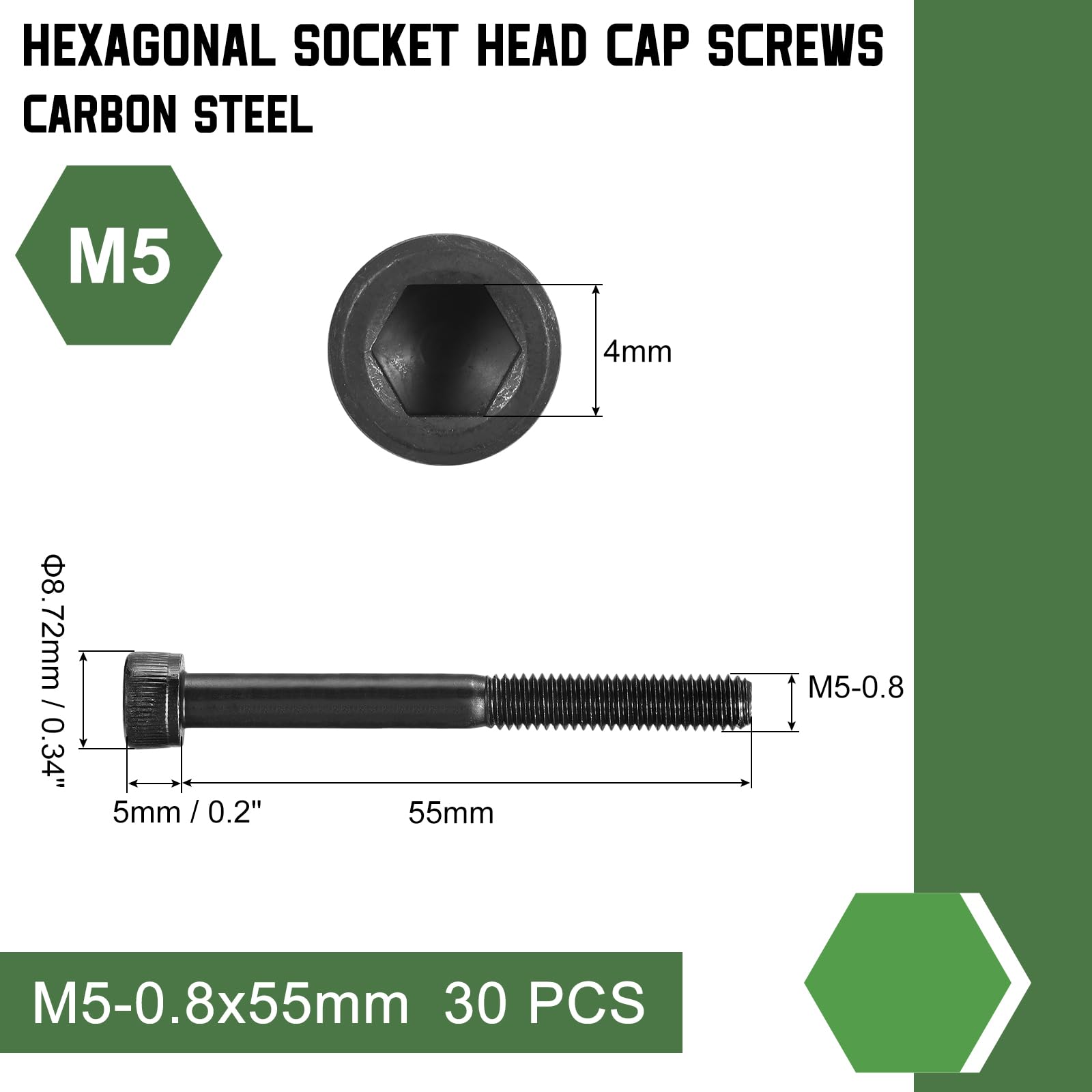 uxcell Hex Socket Bolts (M5-0.8x55), Grade 12.9 Carbon Steel Hex Socket Drive Screws, Black, 30 Pcs, M5-0.8x55mm - Image 2