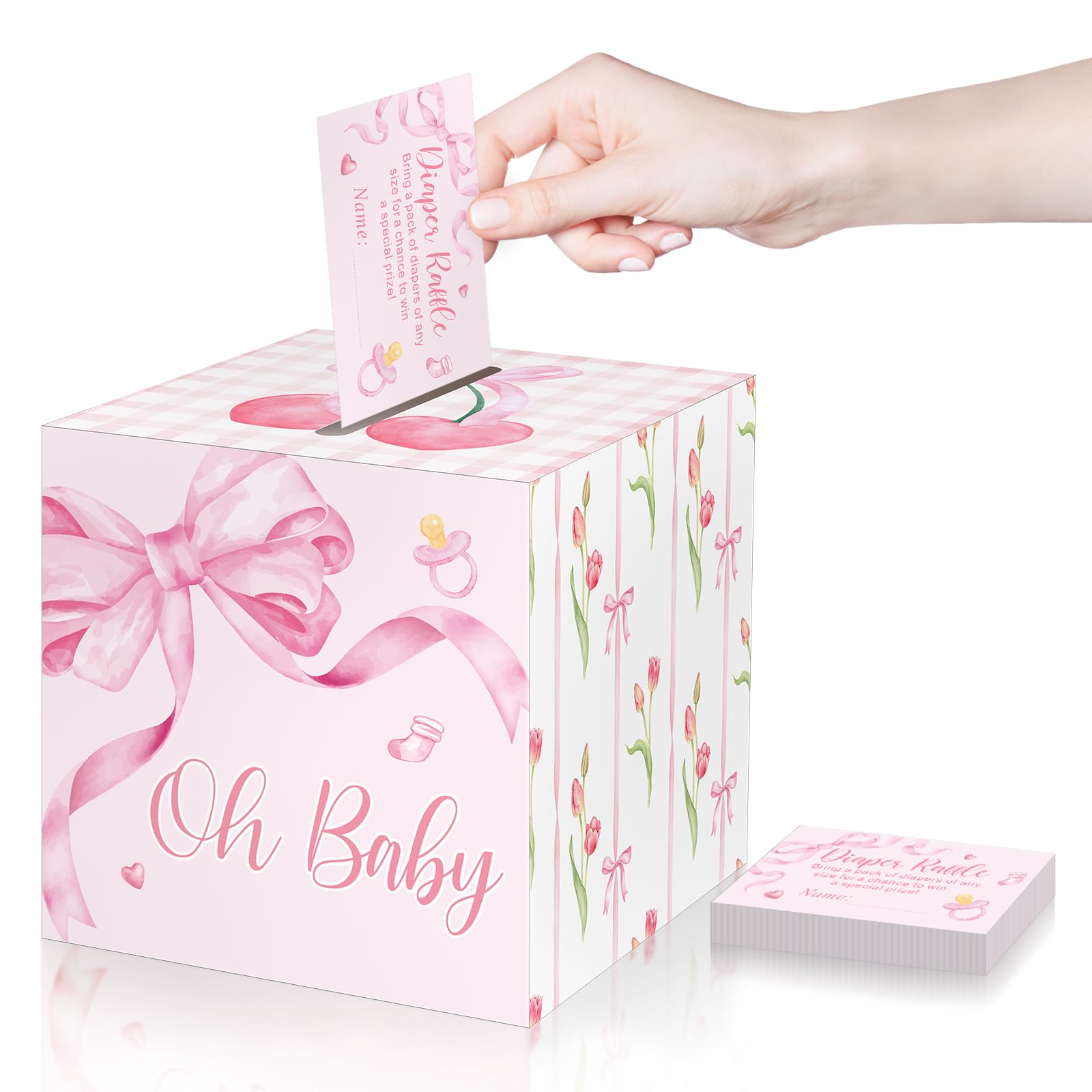 Funrous 51 Pcs Diaper Raffle Box with Tickets, Pink Color