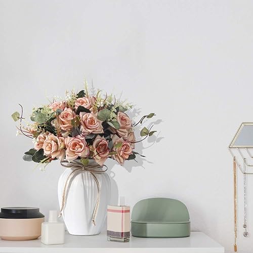 Miniatura 6 de LESING Ramos de rosas artificiales con jarrón de seda sintética en jarrón, arreglo de centro de mesa para decoración del hogar y boda (rosa)