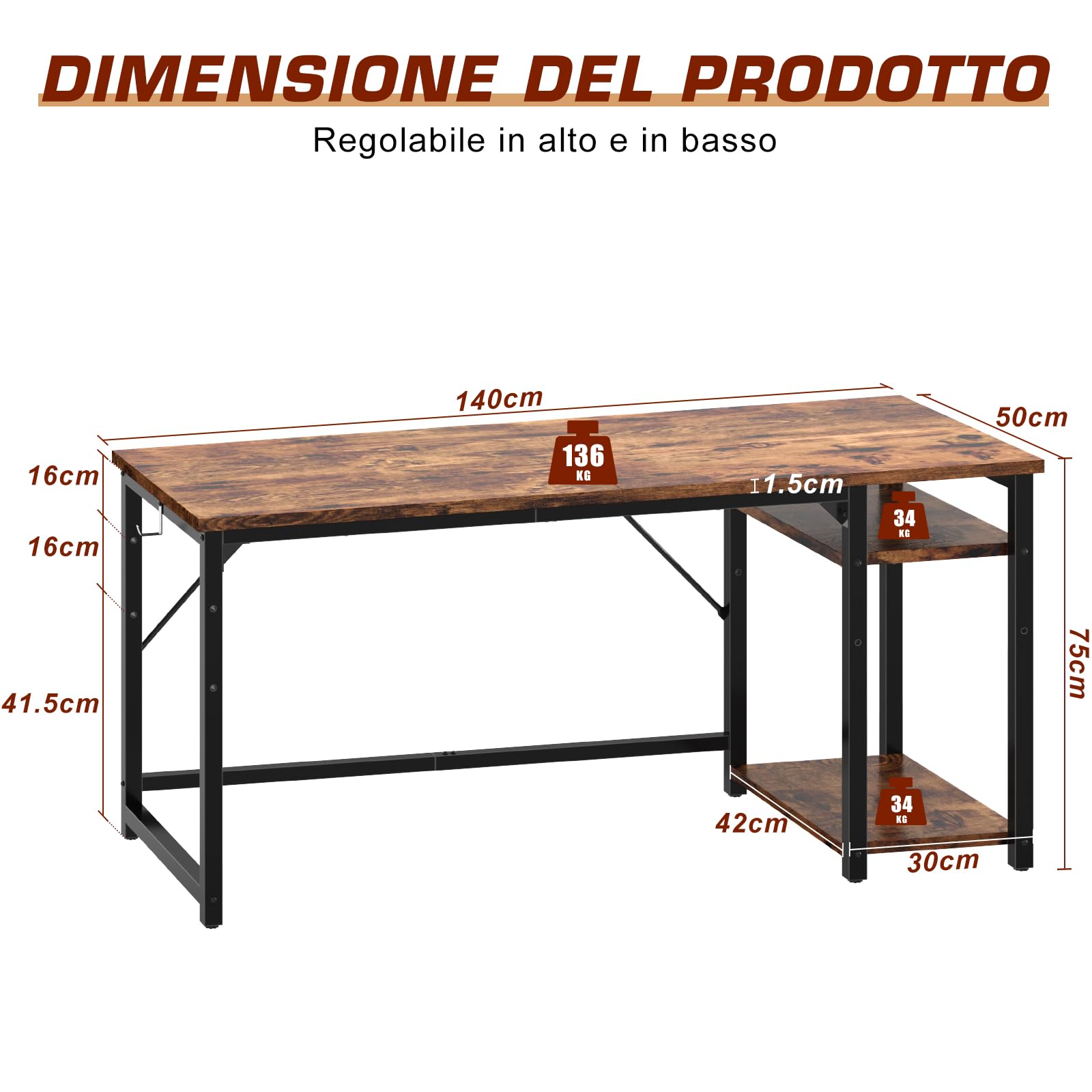 JUMMICO Scrivania 140 x 50 cm, Scrivania per Computer Scrittoio con 2 Ripiani a Sinistra o Destra, Separatore Regolabile, Tavolo da Lavoro Piano di Lavoro, Adatta per l'ufficio o il Soggiorno