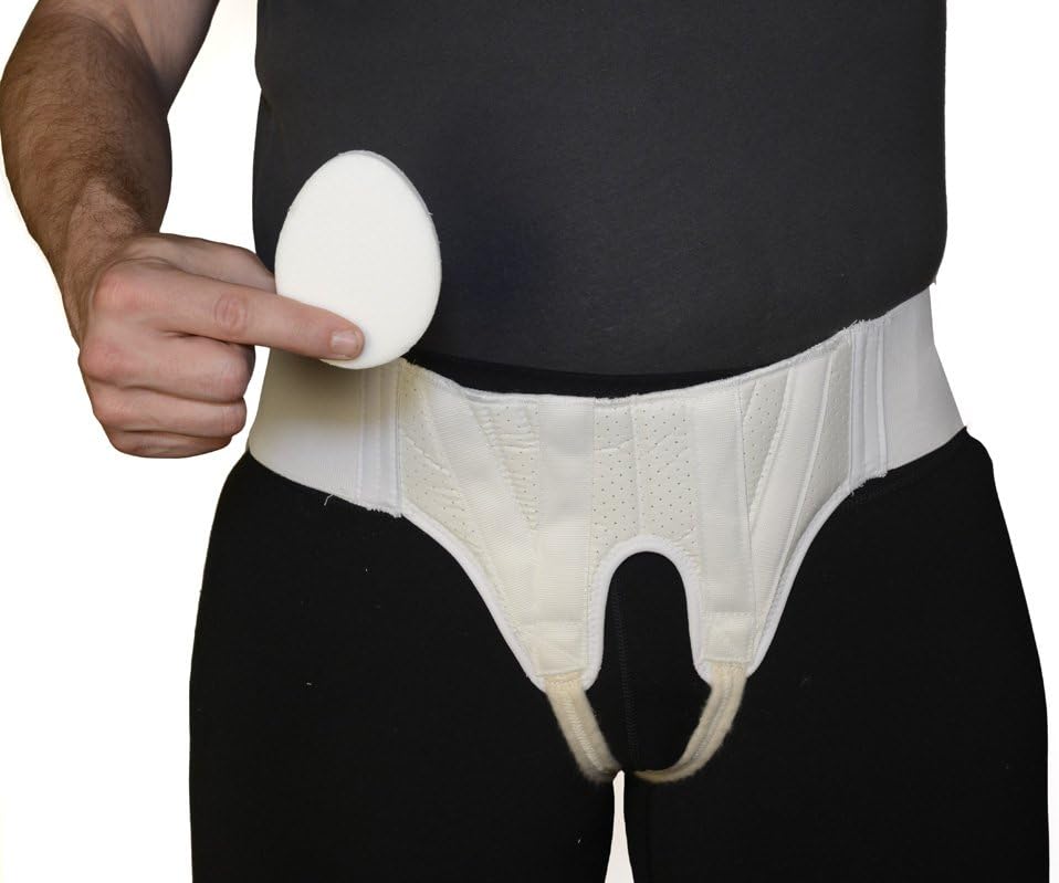 Double Hernia Support Truss for Men Slim White Adjustable Straps, Belt with Compression Pads Groin Brace Band (Small)