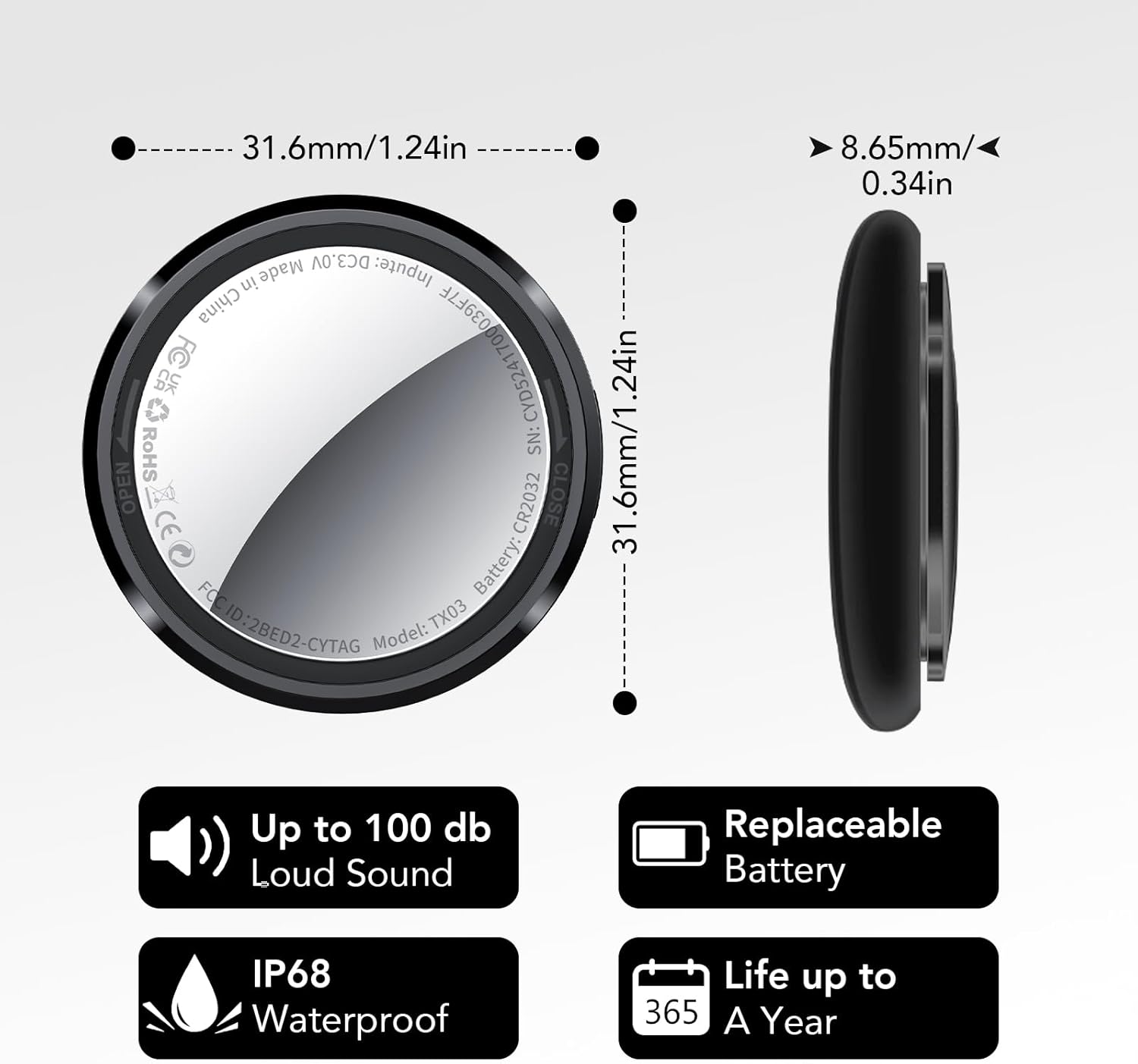 Diagram showing the dimensions of the QCOQ Air Tracker Tag, along with icons for 100dB loud sound, IP68 waterproof rating, and up to 1 year battery life.