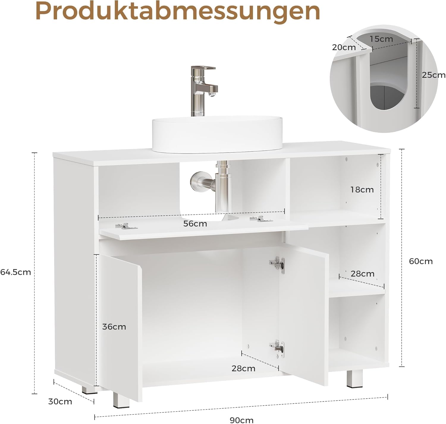 ANWBROAD Waschbeckenunterschrank, Badezimmerschrank mit 2 Schranktüren 3 Verstellbare Offene Regalböden,1 Verdecktes Staufach, Unterschrank Waschbecken mit Füßen,30 x 90 x 64,5 cm Weiß SSC001W
