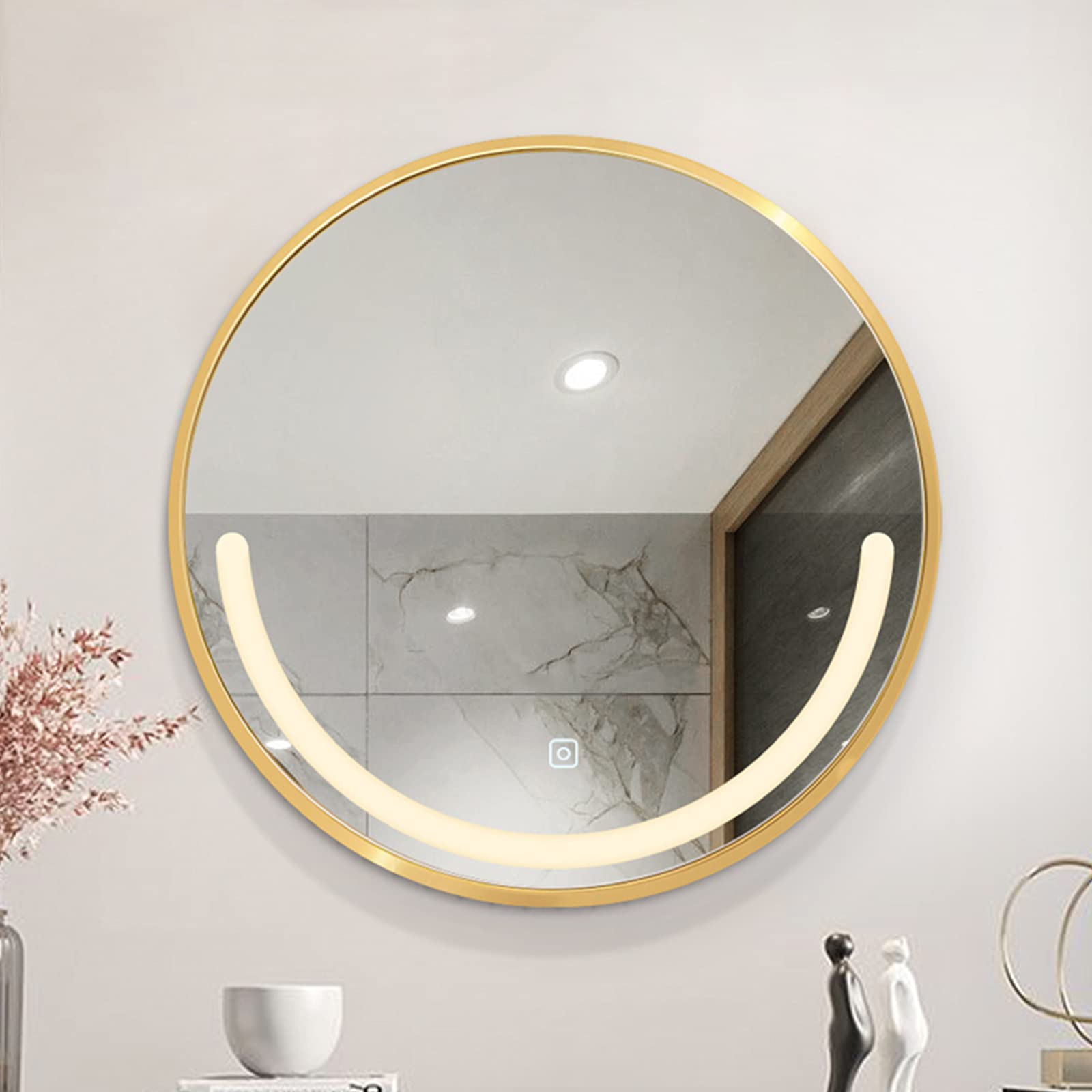 Miroir de salle de bain LED tactile et désembueur mural cadre métal