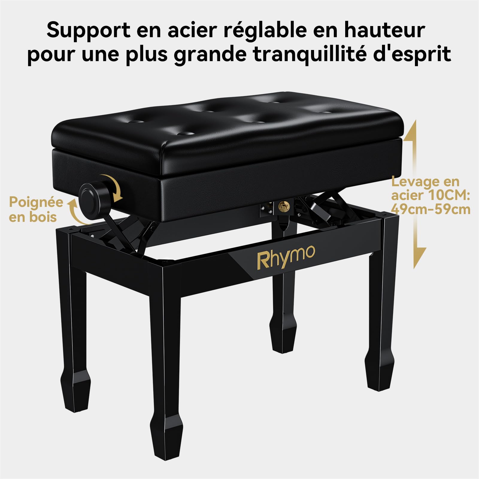 Rhymo Tabouret Piano avec Hauteur réglable et Rangement intégré, Banc de Piano avec Mousse à mémoire de Forme, revêtement en Bois de chêne et Cuir PU, capacité de Charge 420 IB